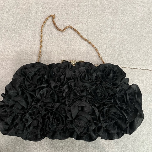 Dellise Noir Elegant Black Rose Floral Clutch Wedding Cocktail - Picture 4 of 6